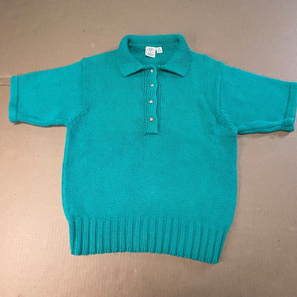 Vintage J.G. Hook Women's Medium Teal Cotton Sweater Polo with Crested Buttons